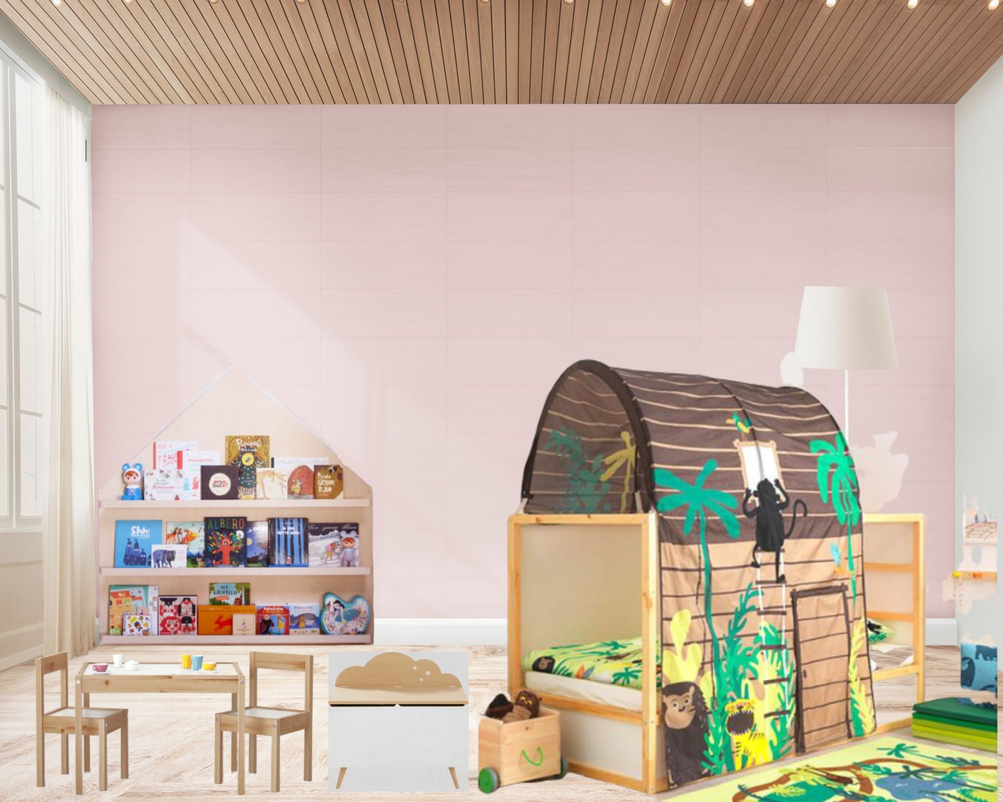 cameretta Montessori per bimbi di 1 anno set con letto e libreria